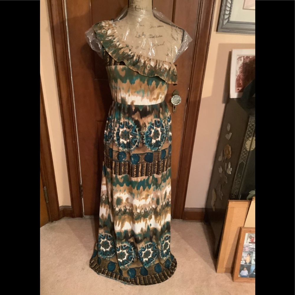 Green, Brown, Cream Splash Print, one Shoulder, Ruffled Sun Dress